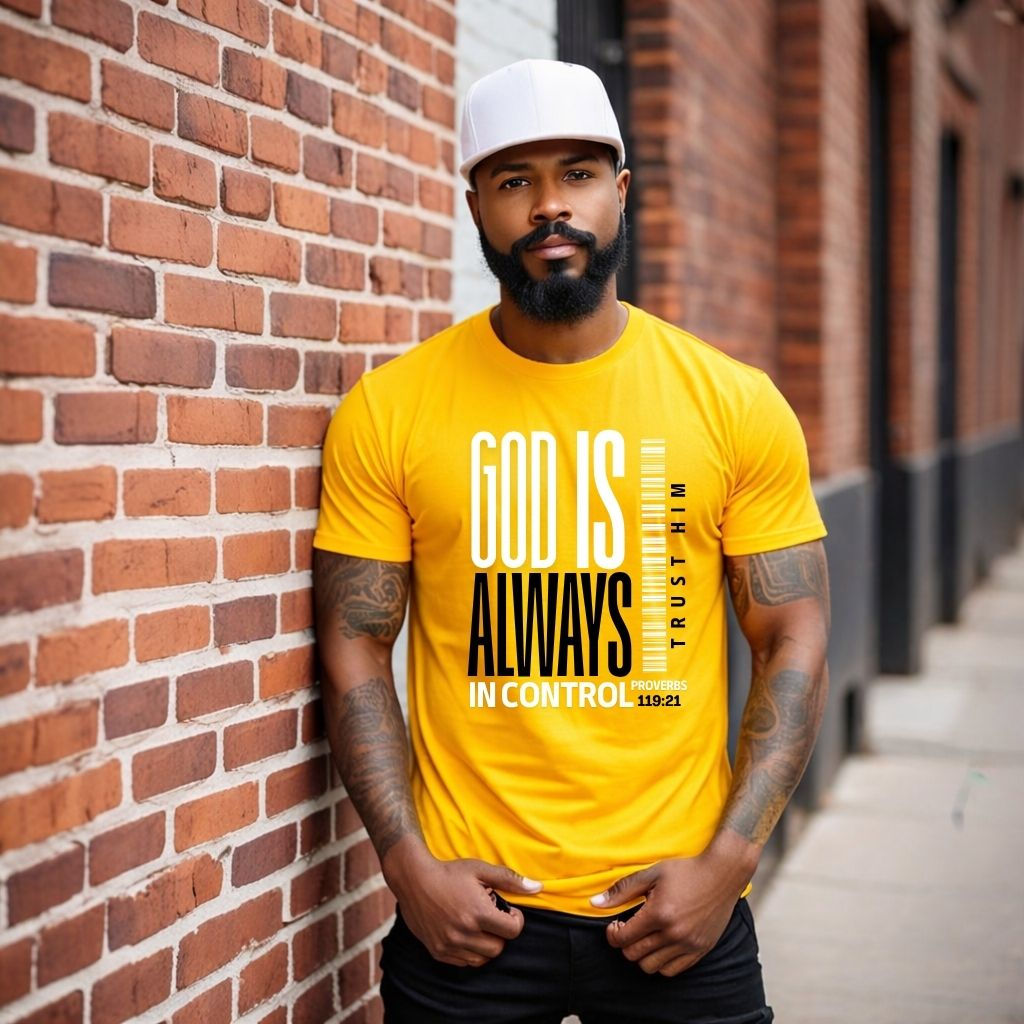 “God Is Always in Control Proverbs 119:21 Christian graphic t-shirt styled casually, faith-based inspirational apparel”