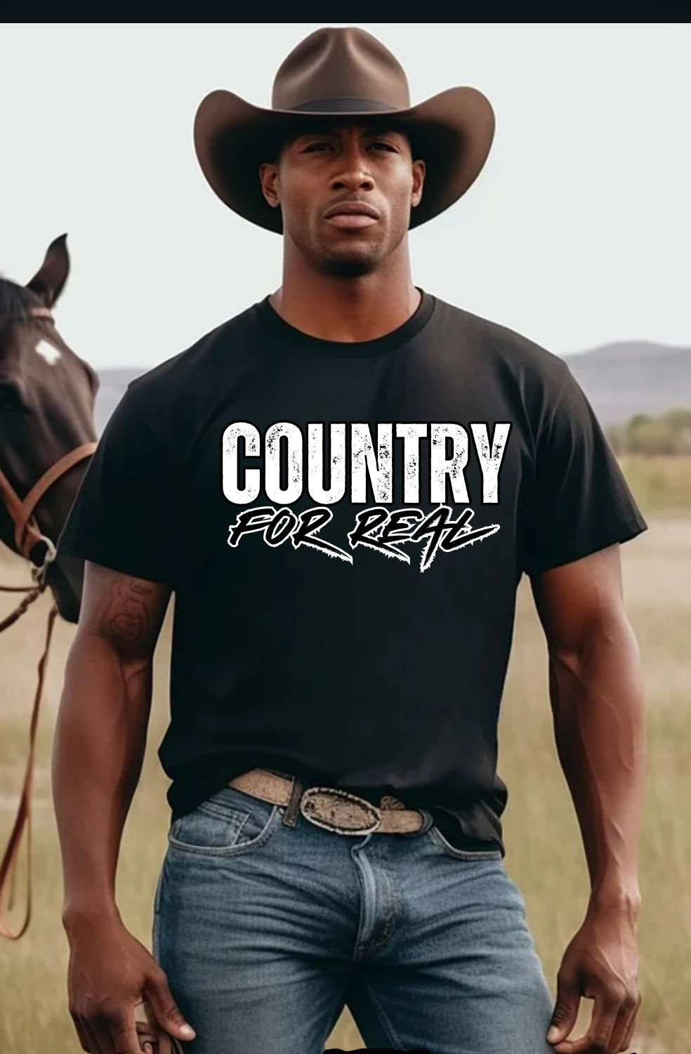 Country For Real graphic t-shirt styled casually with jeans and boots, representing authentic country lifestyle fashion”