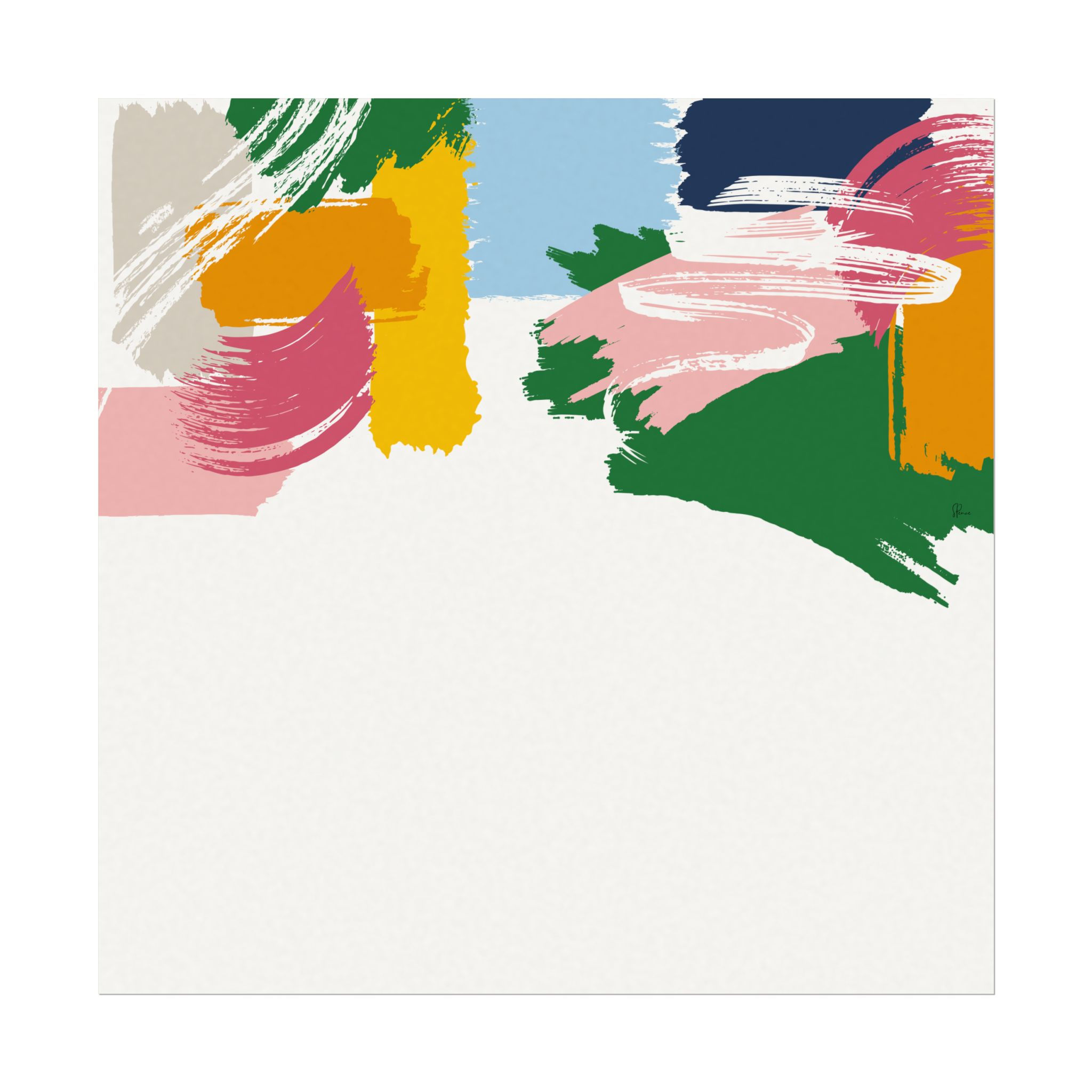Colorful abstract wall art with bold brush strokes in blue, yellow, green, pink, and orange tones.