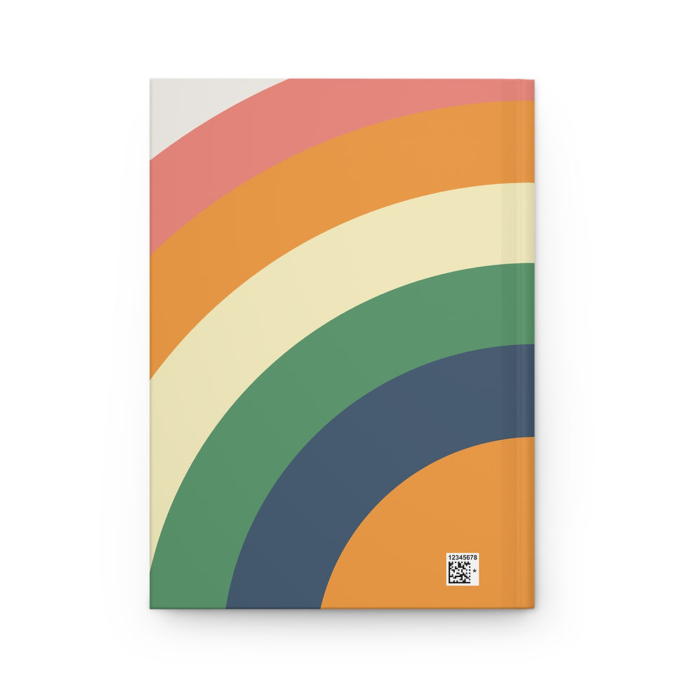 A premium hardcover journal featuring a vibrant, retro-inspired rainbow arch in shades of pink, orange, yellow, green, and bl