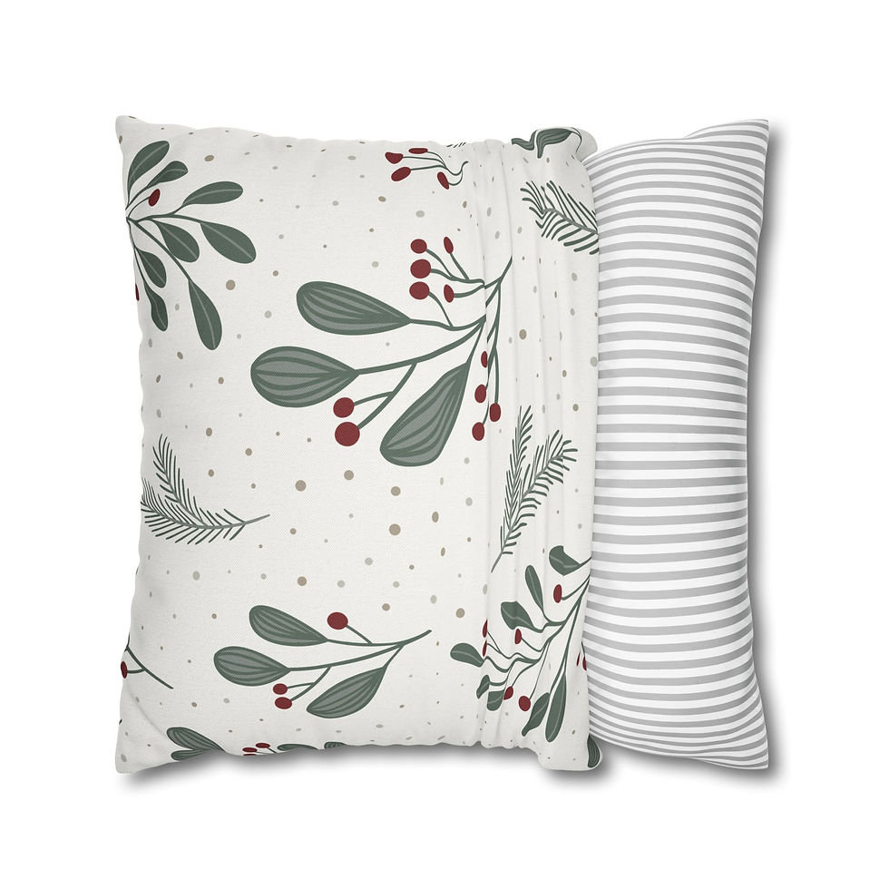 Festive cushion cover with mistletoe leaves, red berries, and pine branches on a white background with polka dots