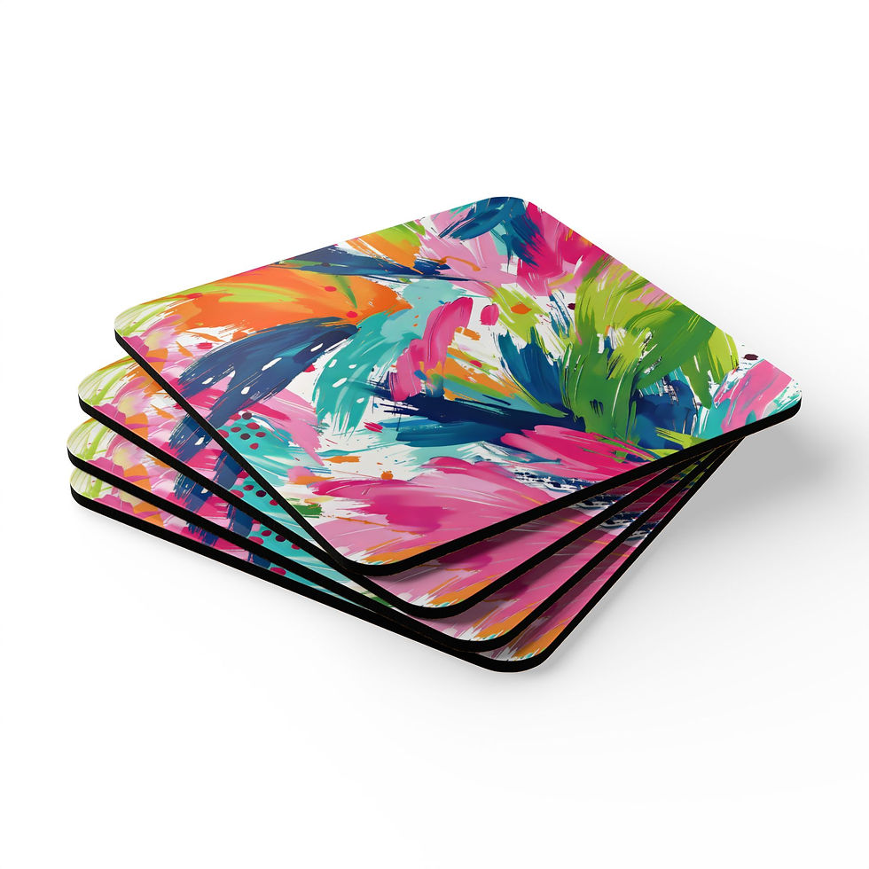 Set of four coasters featuring a vibrant abstract art design with bold brushstrokes