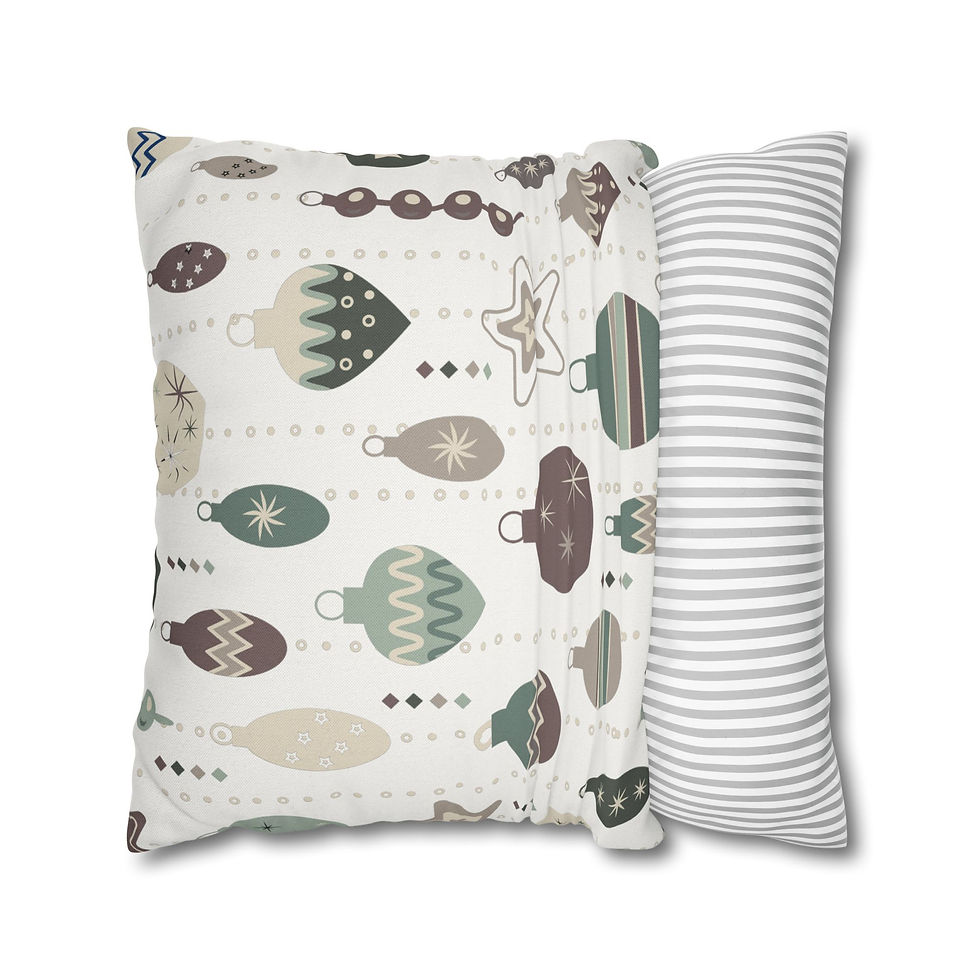 Pillow cover featuring hanging ornament garland design in neutral greens, browns, and creams on a white background