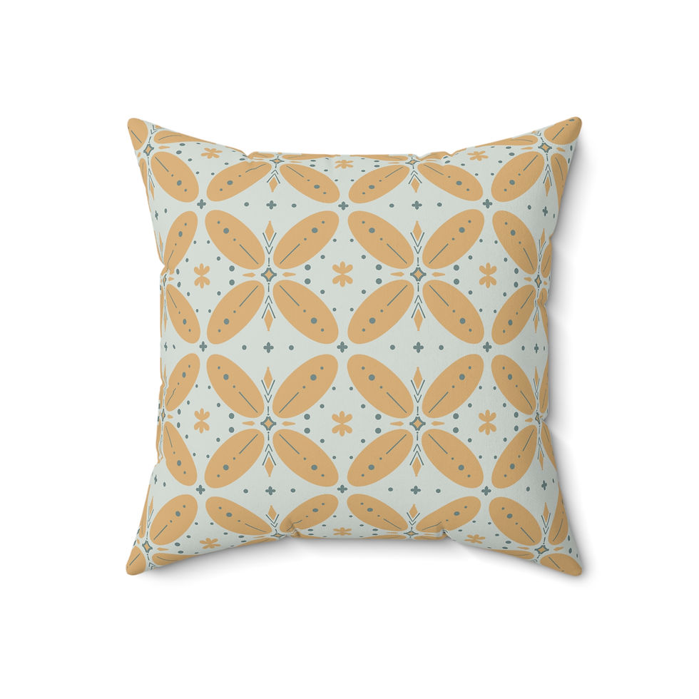 Thumbnail: Faux suede pillow with golden petal medallion pattern on a light blue background.