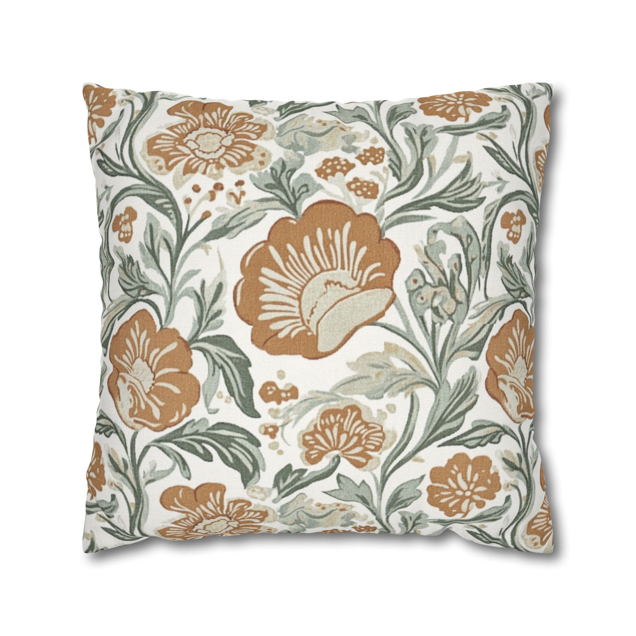 Floral cushion cover with autumn-inspired terracotta and sage green leaves on a cream background