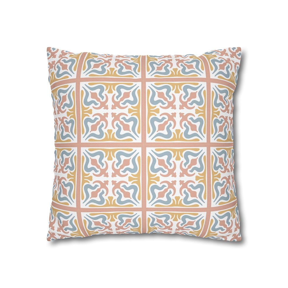 Thumbnail: Cushion cover with vintage-style mosaic tile pattern in mustard yellow, terracotta, and dusty blue on a white background.