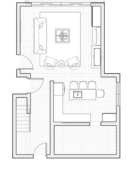 Professionally drafted open-concept floor plan showing living room, dining area, and staircase with scaled furniture placement — Pence Creative DVA floor plan service
