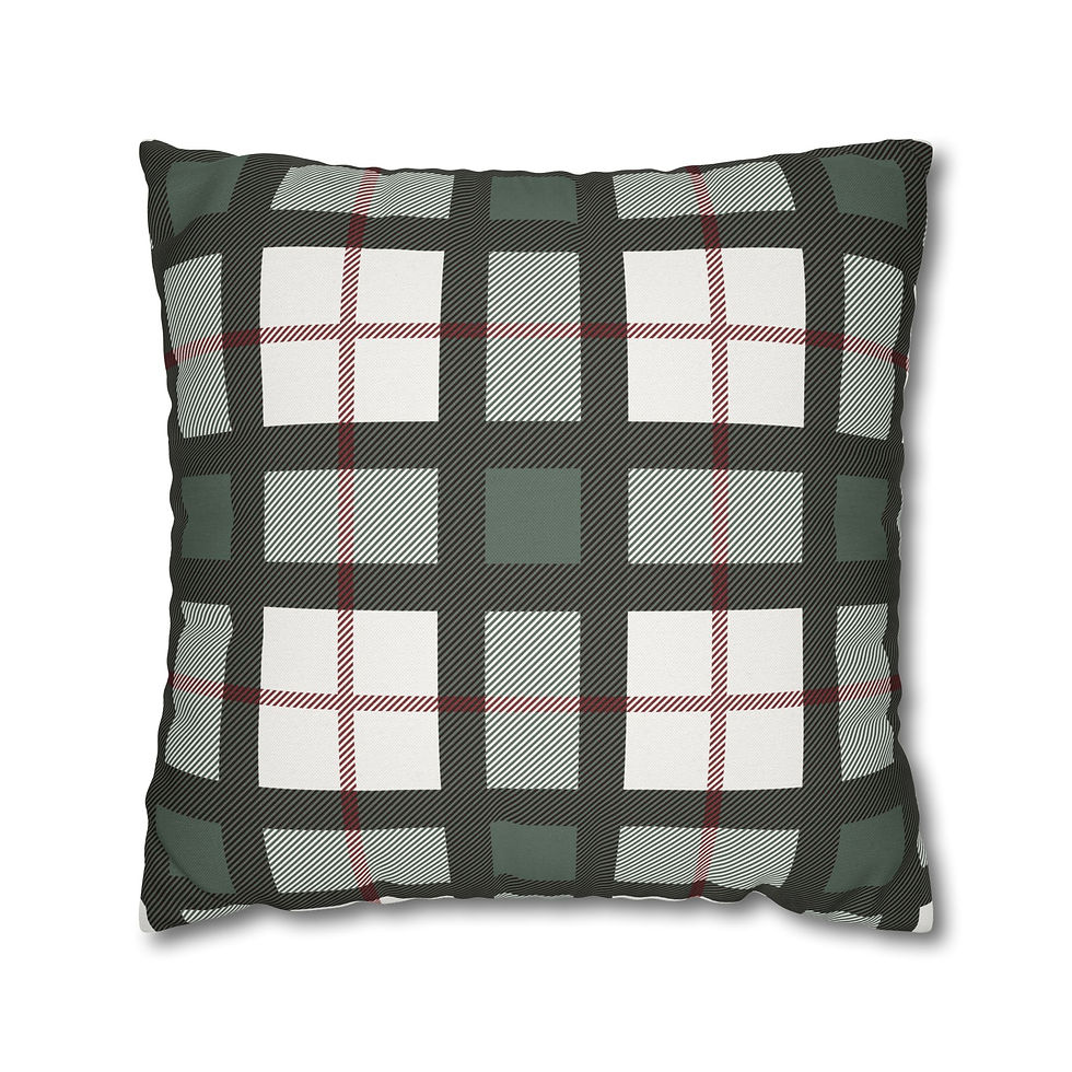Holiday pillow cover with traditional green, black, cream, and red plaid pattern in tartan style