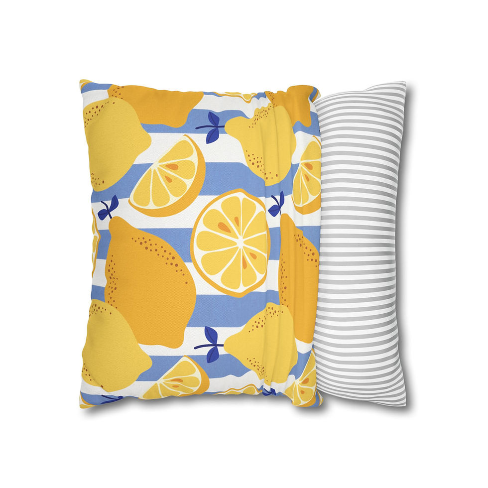 Square throw pillow with yellow lemon designs and blue vertical stripes, ideal for cheerful and summery decor.