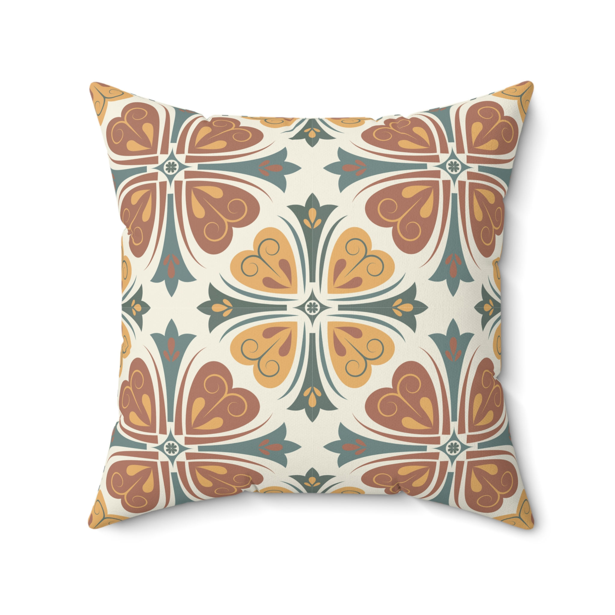 Faux suede pillow with vintage clover tile pattern in terracotta, gold, and teal tones.