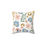 Thumbnail: Faux suede pillow with playful blue, blush, and mustard floral print and leafy accents on white background.