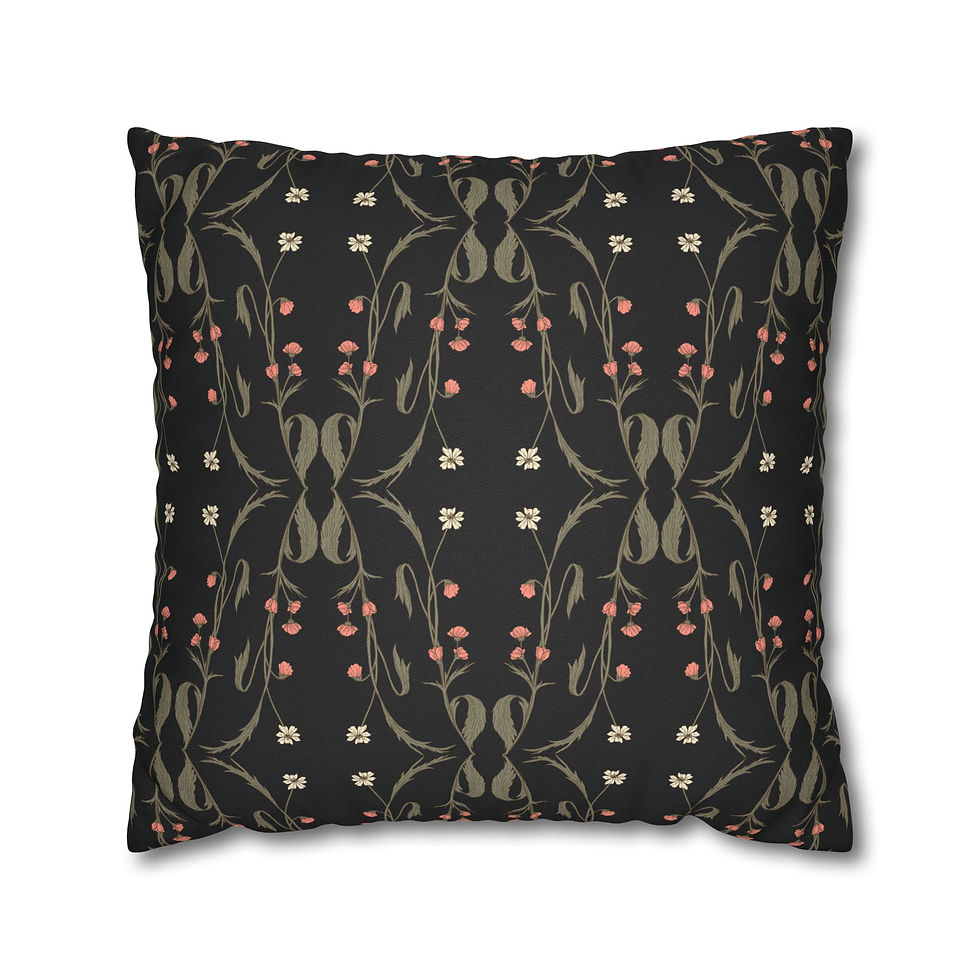 Black pillow cover with vintage-inspired floral vines in sage green, cream, and blush pink arranged in a symmetrical, repeati