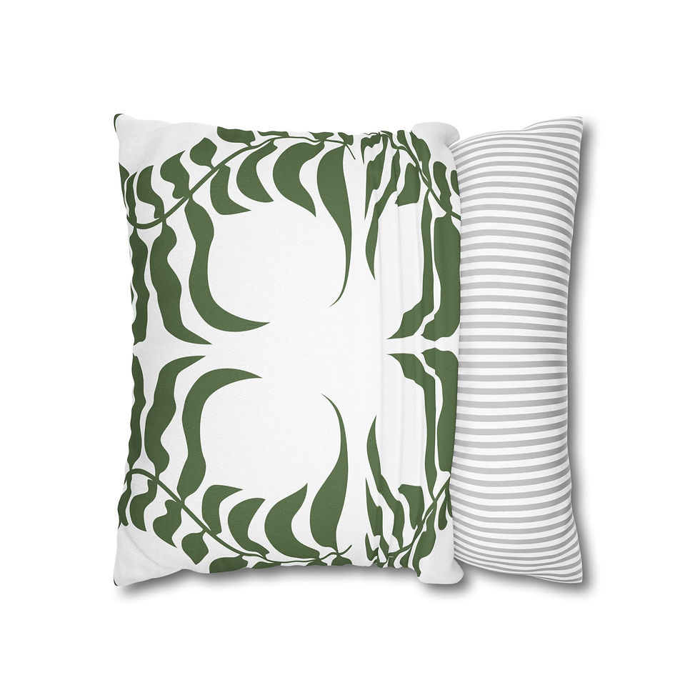 Square throw pillow with a symmetrical tropical green leaf pattern on a white background, ideal for nature-inspired decor.