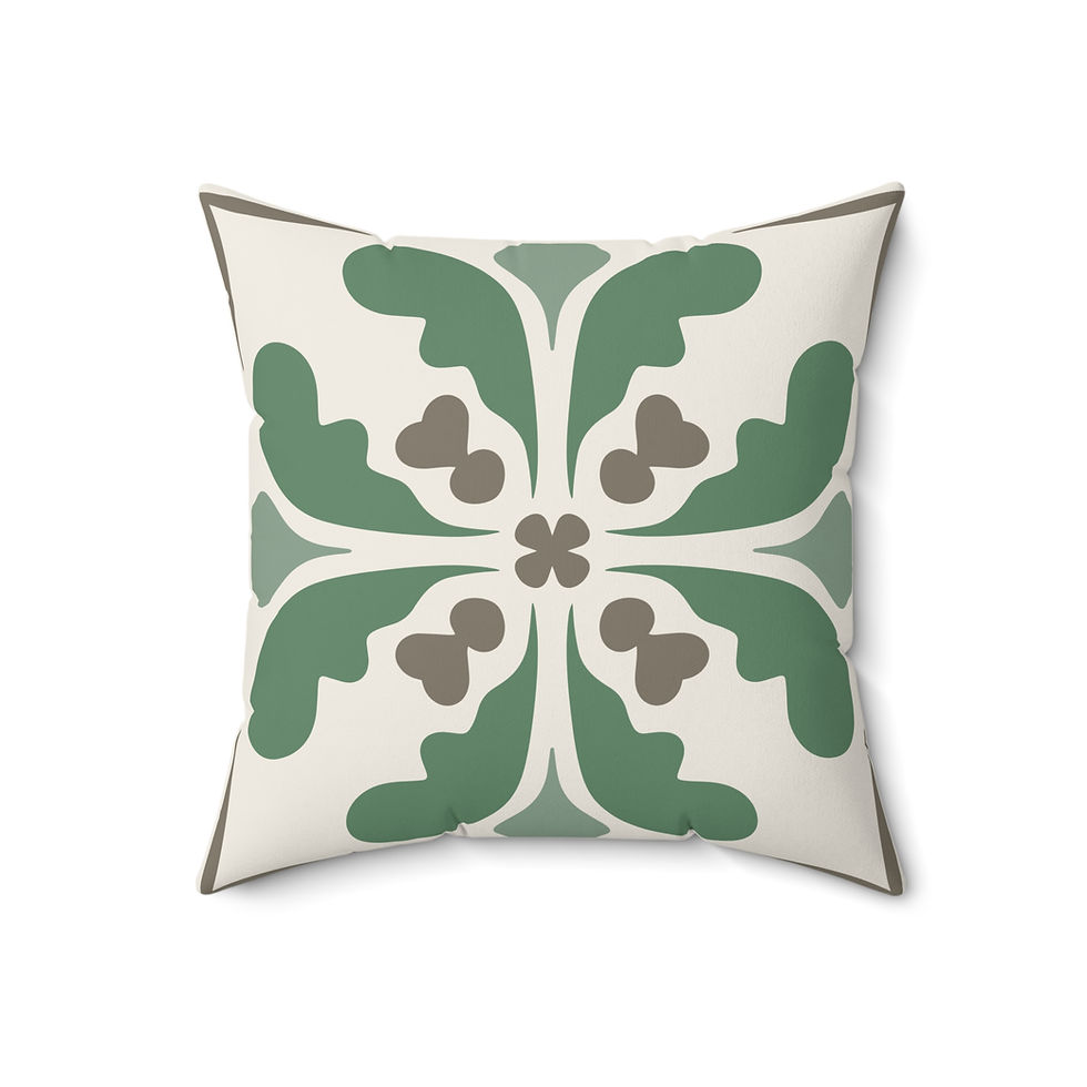 Thumbnail: Faux suede pillow with vintage clover tile pattern in green and taupe on a cream background.