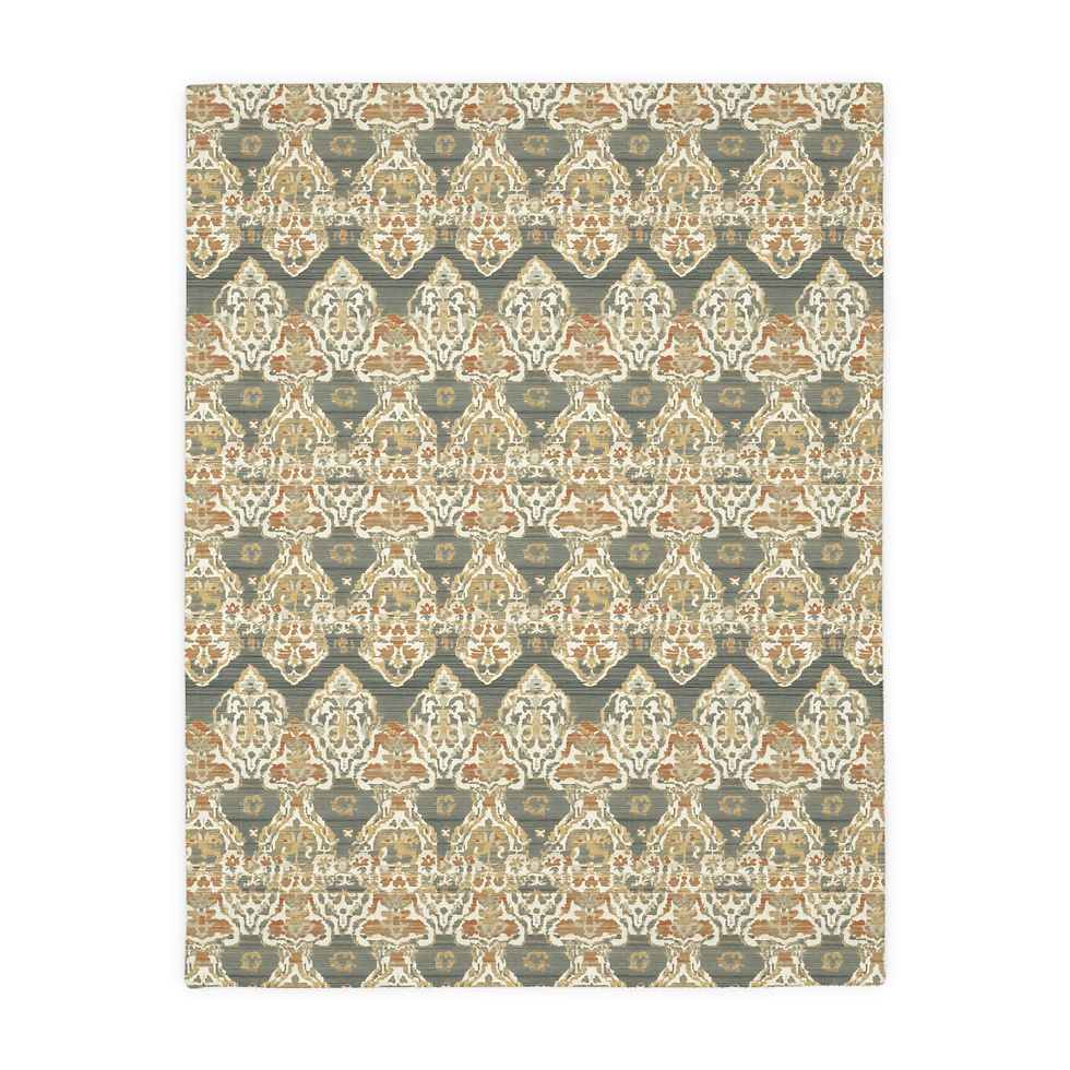 Velveteen microfiber blanket with ornate vintage-inspired tapestry pattern in slate, terracotta, and cream.