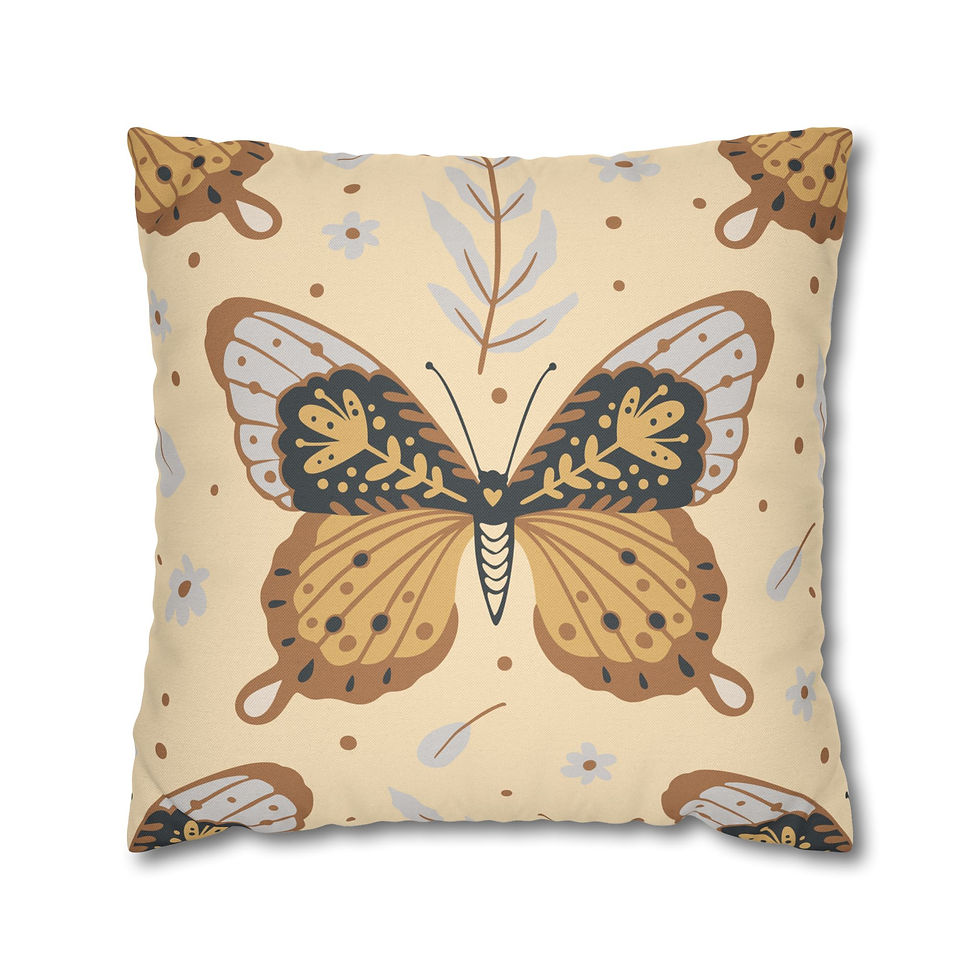 Cream-colored pillowcase with large symmetrical butterfly design in mustard, brown, and black, surrounded by soft blue flower