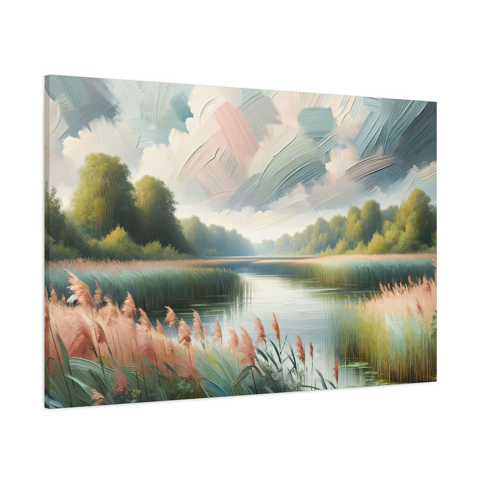 Wall art of a tranquil marshland sunset with reeds, trees, and a pastel sky.