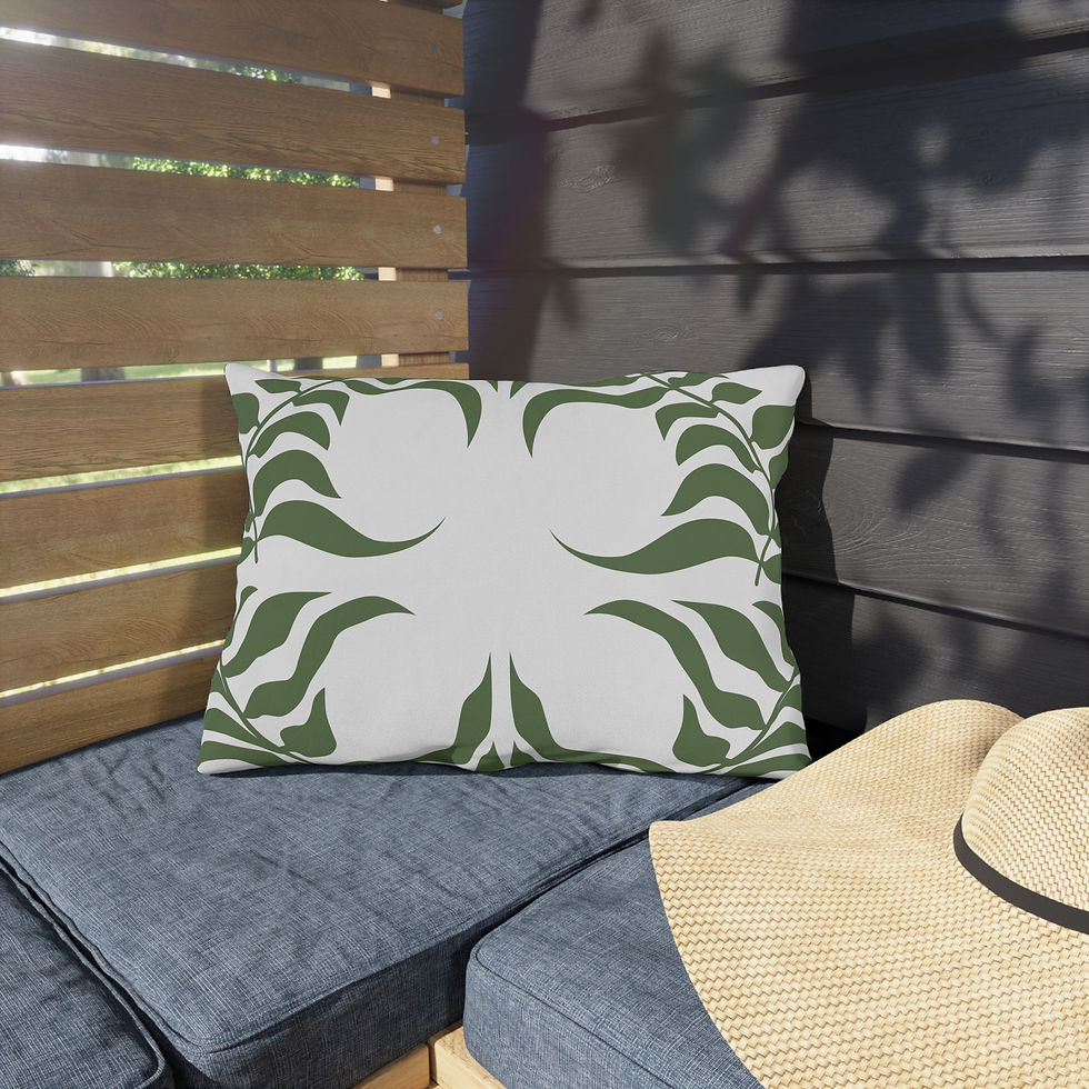 Thumbnail: Outdoor pillow with symmetrical green leaf pattern on a white background, ideal for tropical or nature-inspired spaces.