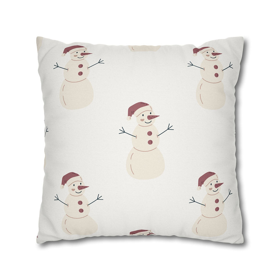 Thumbnail: White pillow cover with repeating pattern of cheerful snowmen wearing Santa hats in a festive winter design