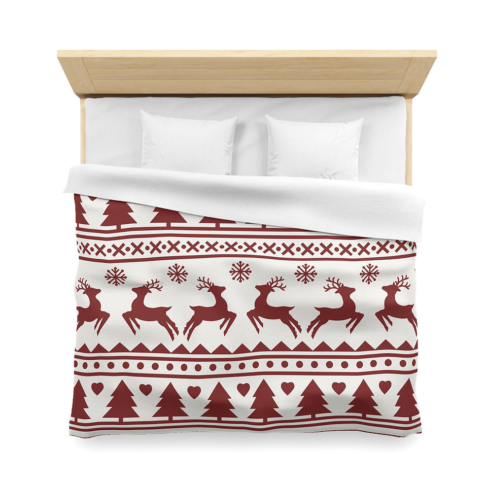 Scandinavian-style duvet cover with red reindeer, snowflakes, Christmas trees, and hearts on white microfiber fabric