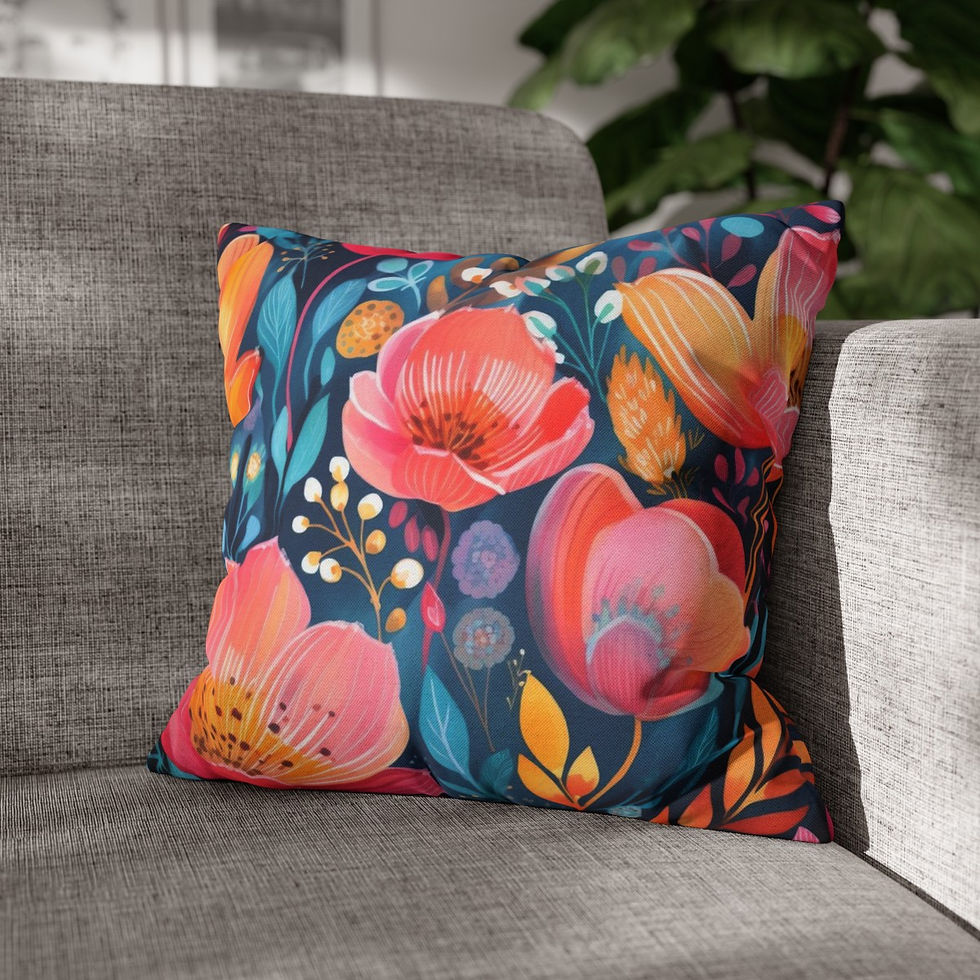 Thumbnail: Pillow cover with vibrant floral patterns in pink, orange, and yellow on a navy background.