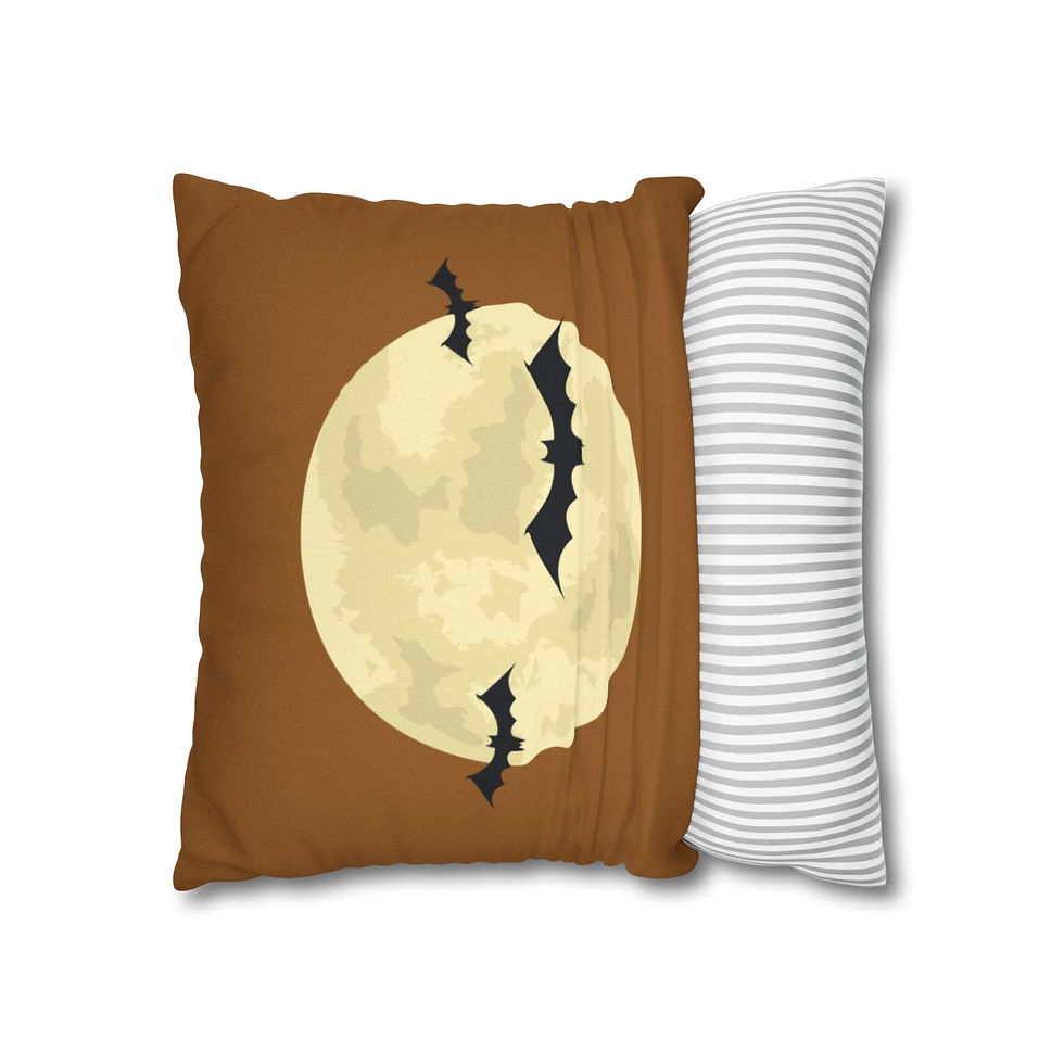Pillow cover with black bats flying in front of a full moon on a brown background.