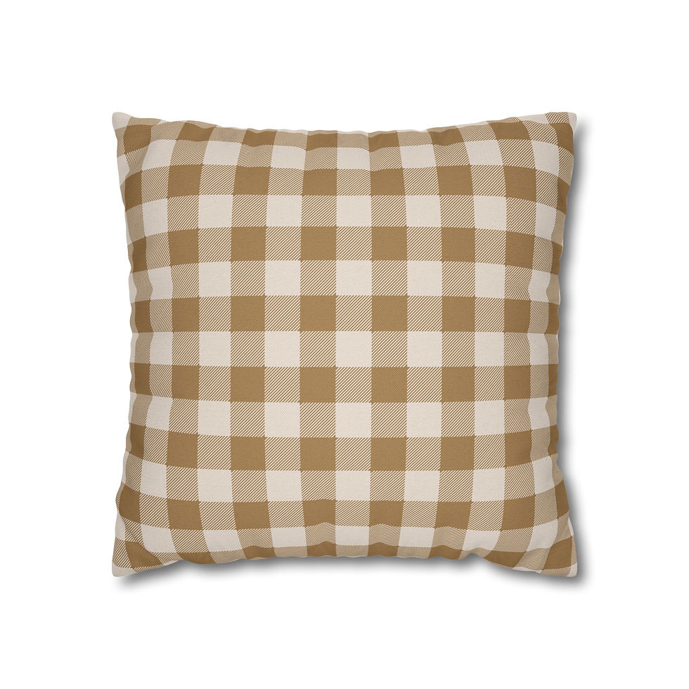 Gingham cushion cover with caramel and white check pattern in a cozy farmhouse style