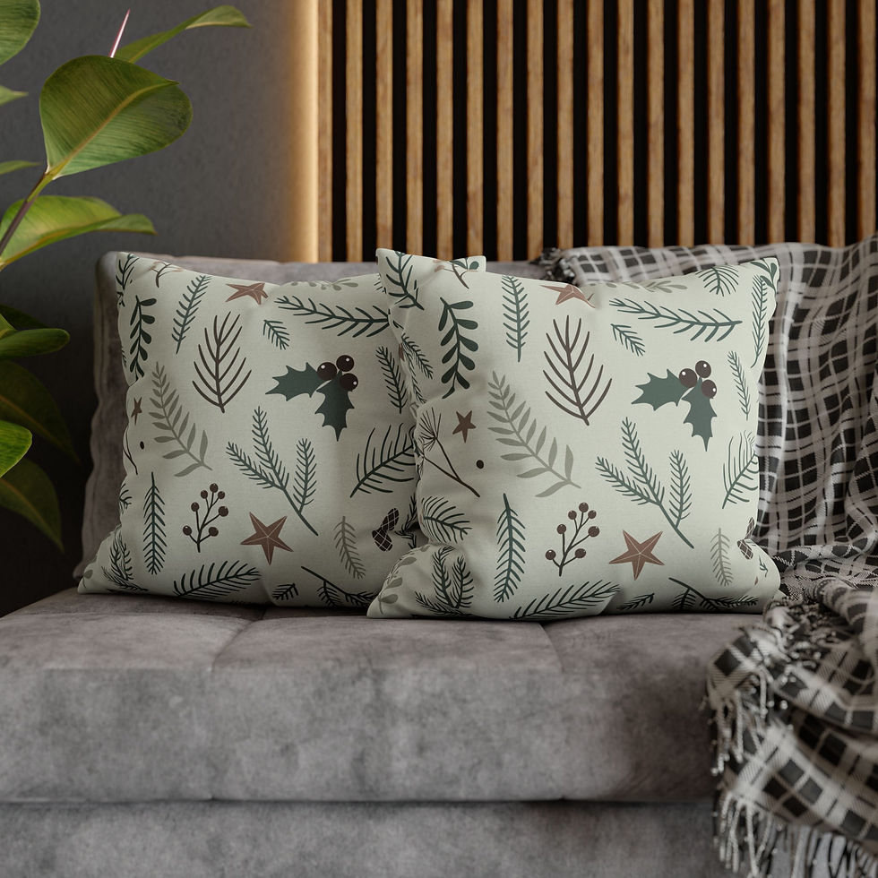 Thumbnail: Sage green pillow cover with pine branches, holly, berries, and rustic holiday foliage pattern