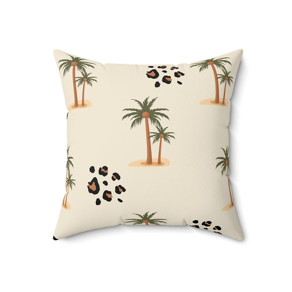 Thumbnail: Faux suede pillow with palm trees and leopard print spots on a beige background, perfect for tropical or eclectic home decor.