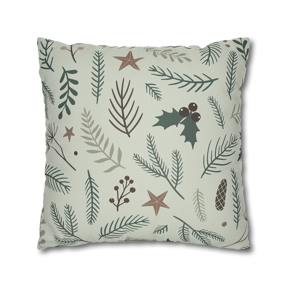 Thumbnail: Sage green pillow cover with pine branches, holly, berries, and rustic holiday foliage pattern