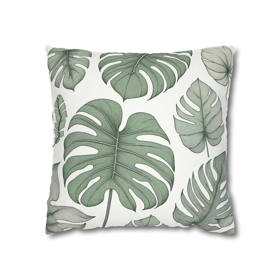 White pillow cover with green Monstera leaf pattern.