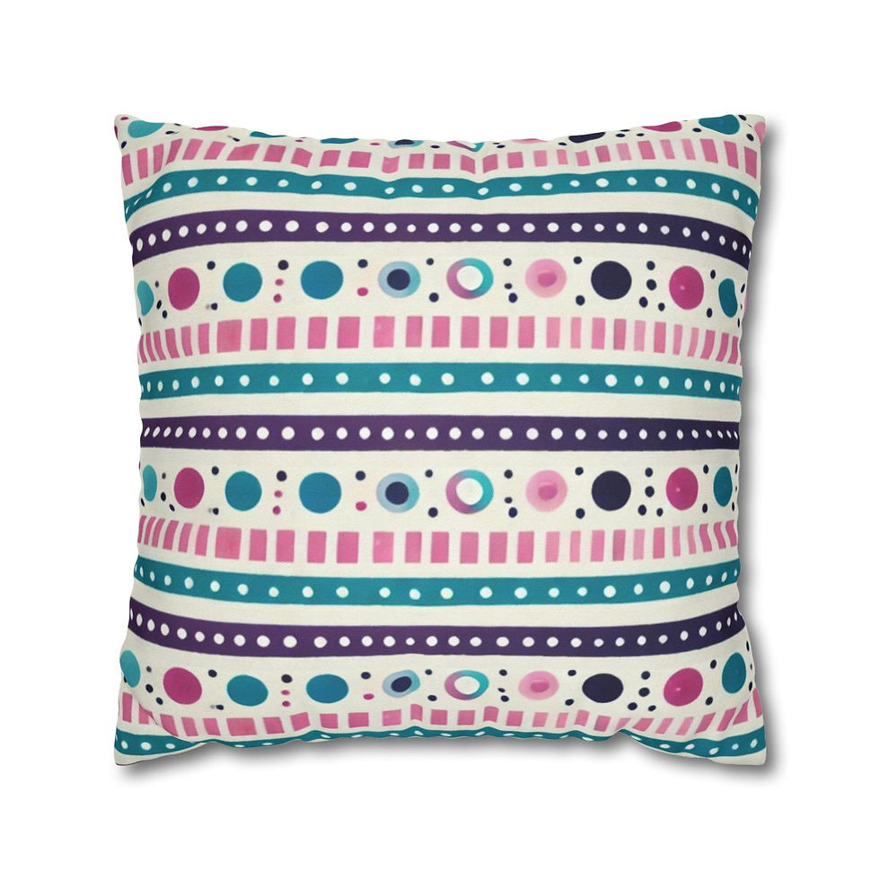 Pillow with colorful striped geometric pattern in teal, purple, pink, and white.