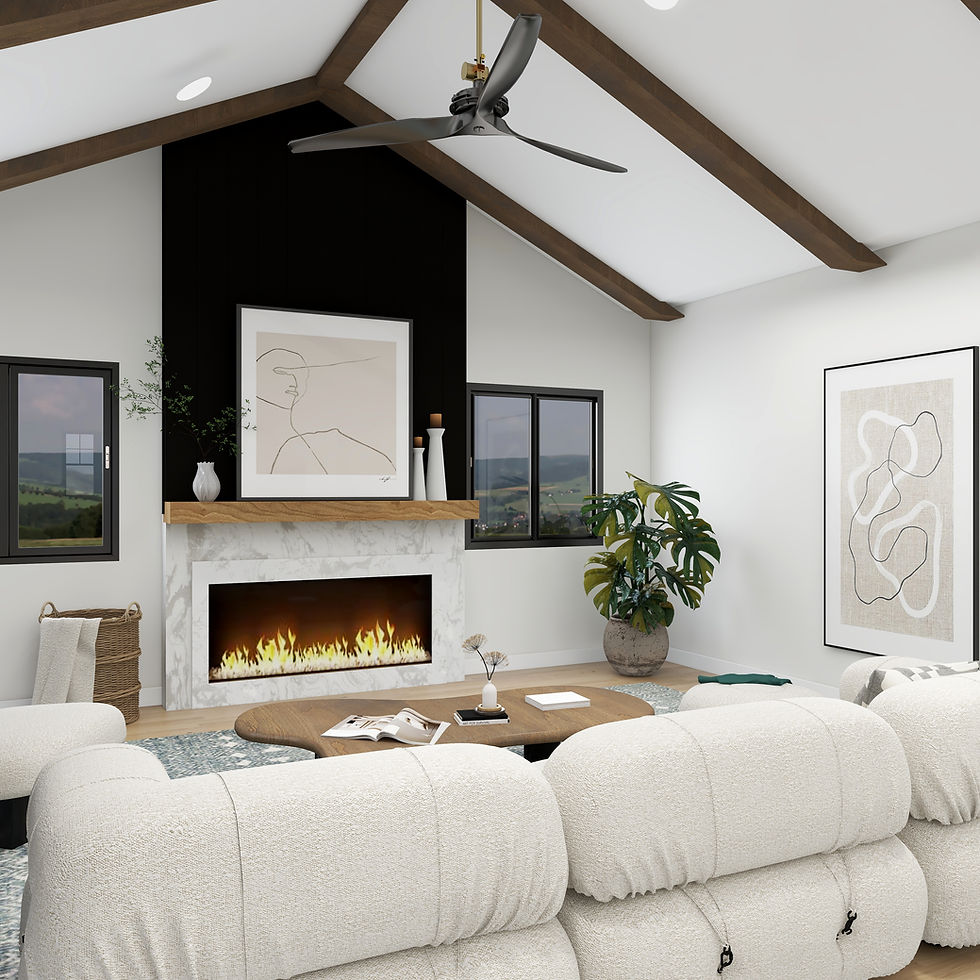 Organic modern living room featuring a vaulted ceiling with dark wood beams, a white bouclé sectiona