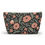 Thumbnail: Floral accessory pouch with blush pink flowers and green leaves on a black background – zippered botanical makeup bag.