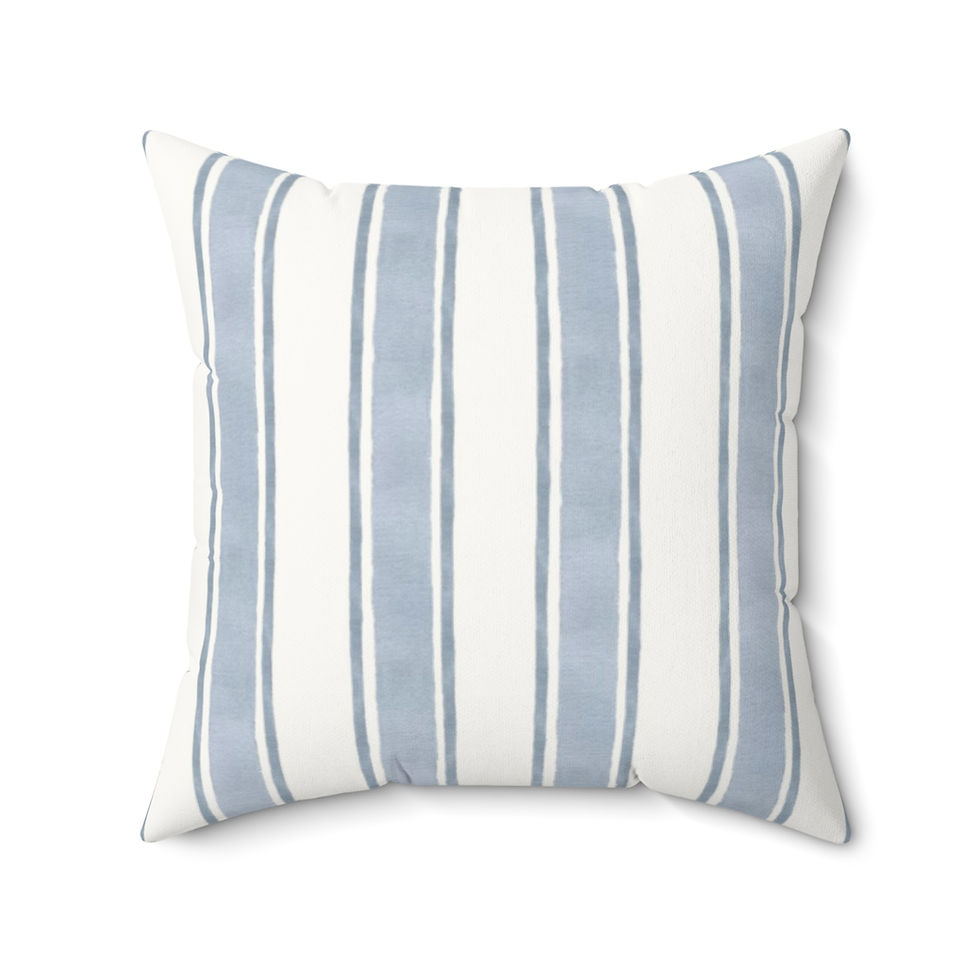 Square decorative cushion featuring a crisp white background with vertical watercolor-style stripes in soft light blue.