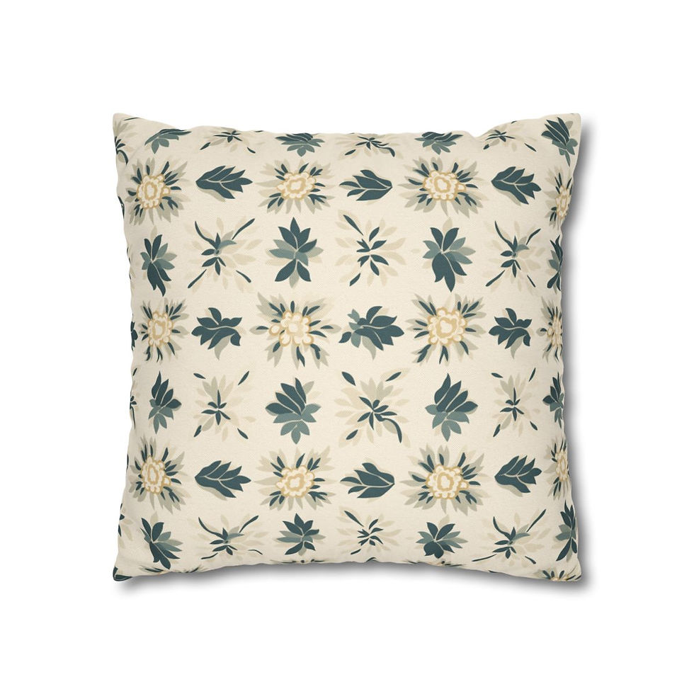 Pillow cover with a vintage floral pattern in soft green and cream on a light background.