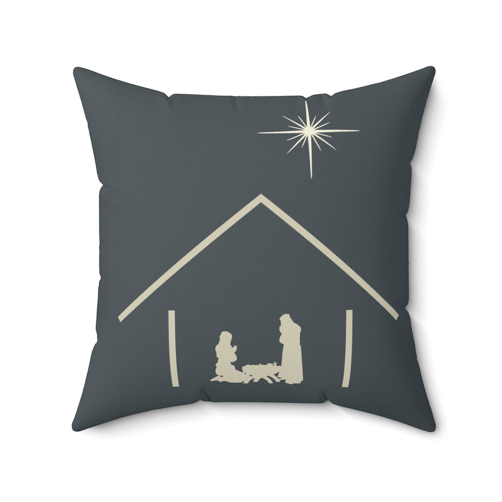 Nativity scene pillow with Star of Bethlehem, minimalist Christmas design on a dark grey background.