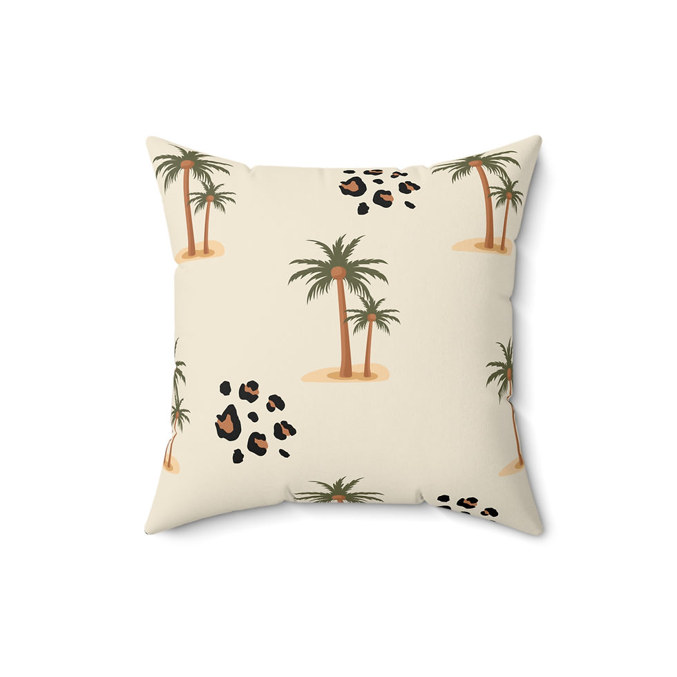 Thumbnail: Faux suede pillow with palm trees and leopard print spots on a beige background, perfect for tropical or eclectic home decor.