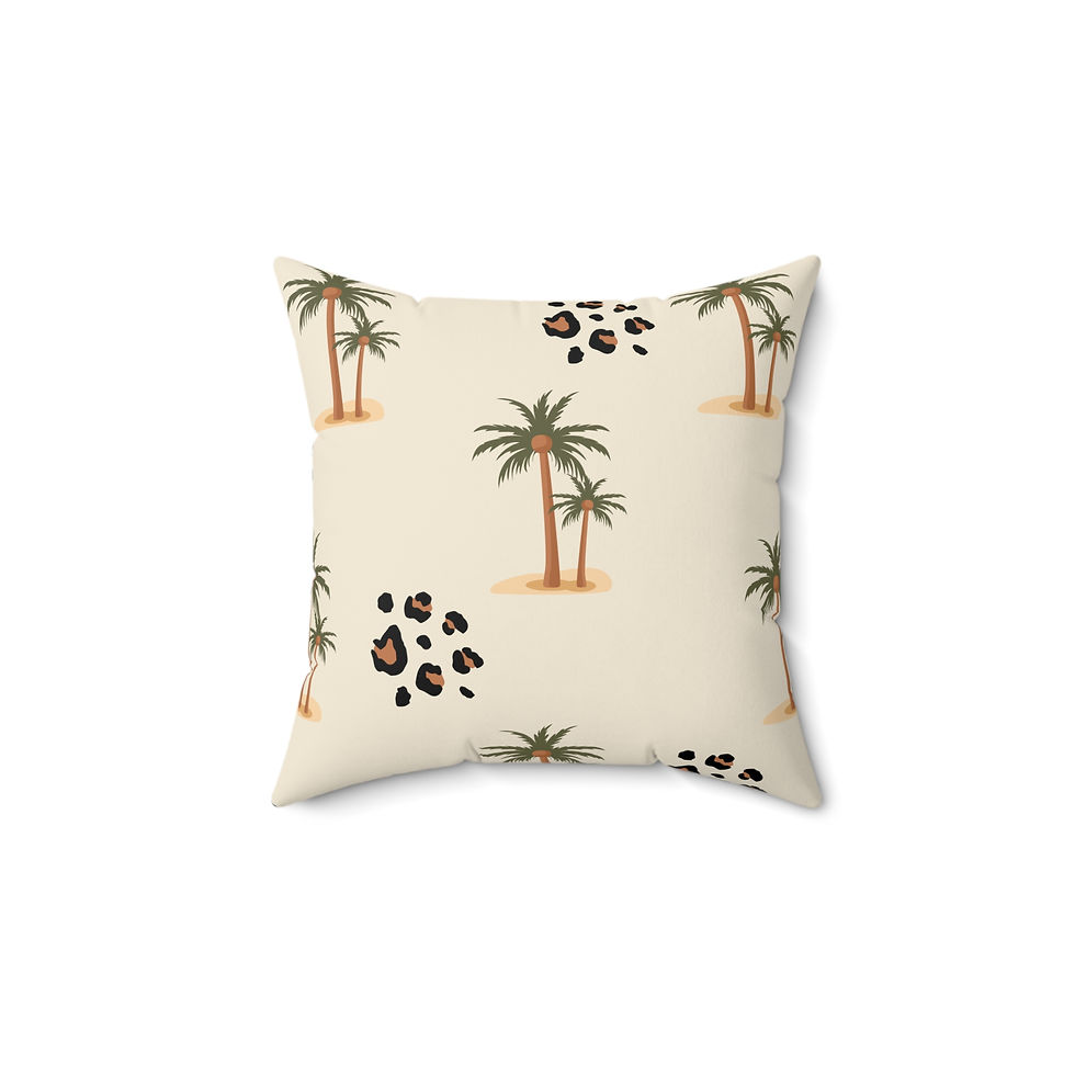 Thumbnail: Faux suede pillow with palm trees and leopard print spots on a beige background, perfect for tropical or eclectic home decor.