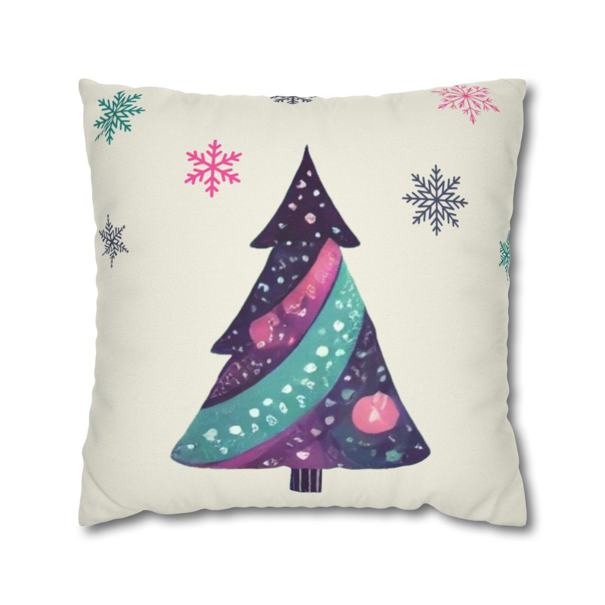 Whimsical Christmas tree pillow cover with colorful ornaments and snowflakes on a cream background.