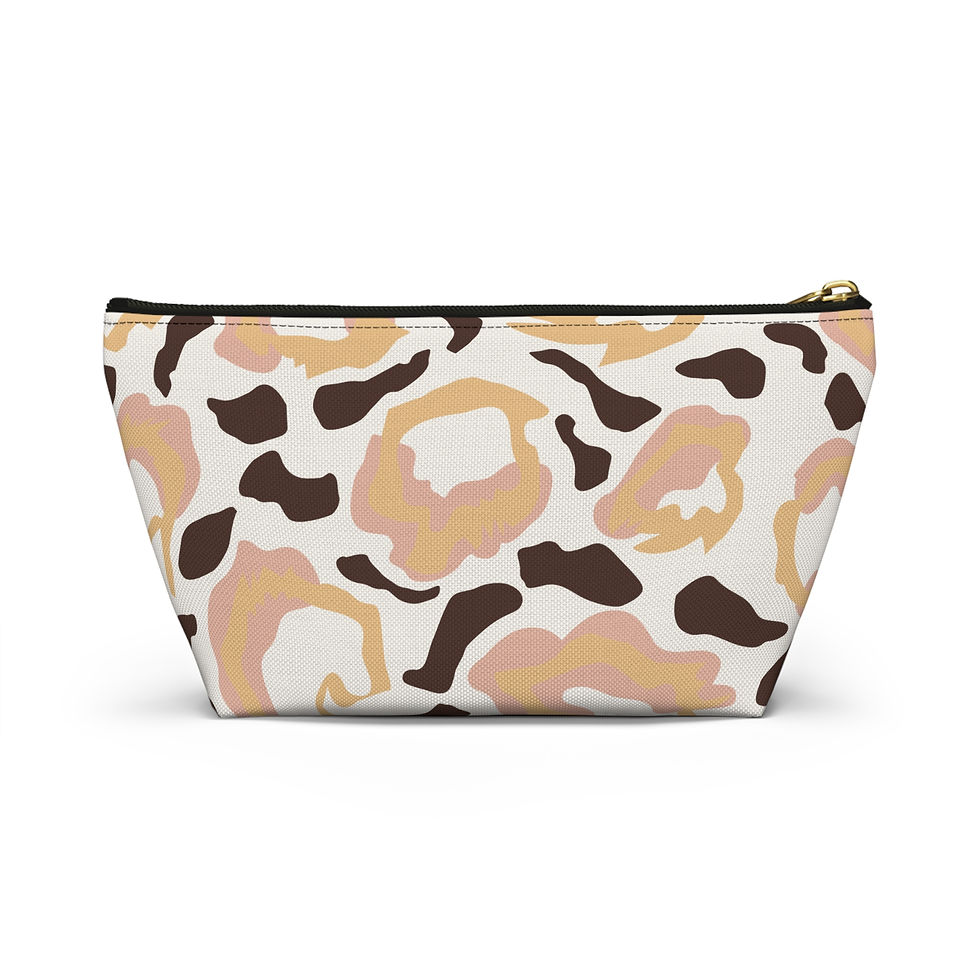 Thumbnail: A trendy accessory pouch featuring a bold, abstract leopard print in shades of brown, tan, and blush on a cream background, f