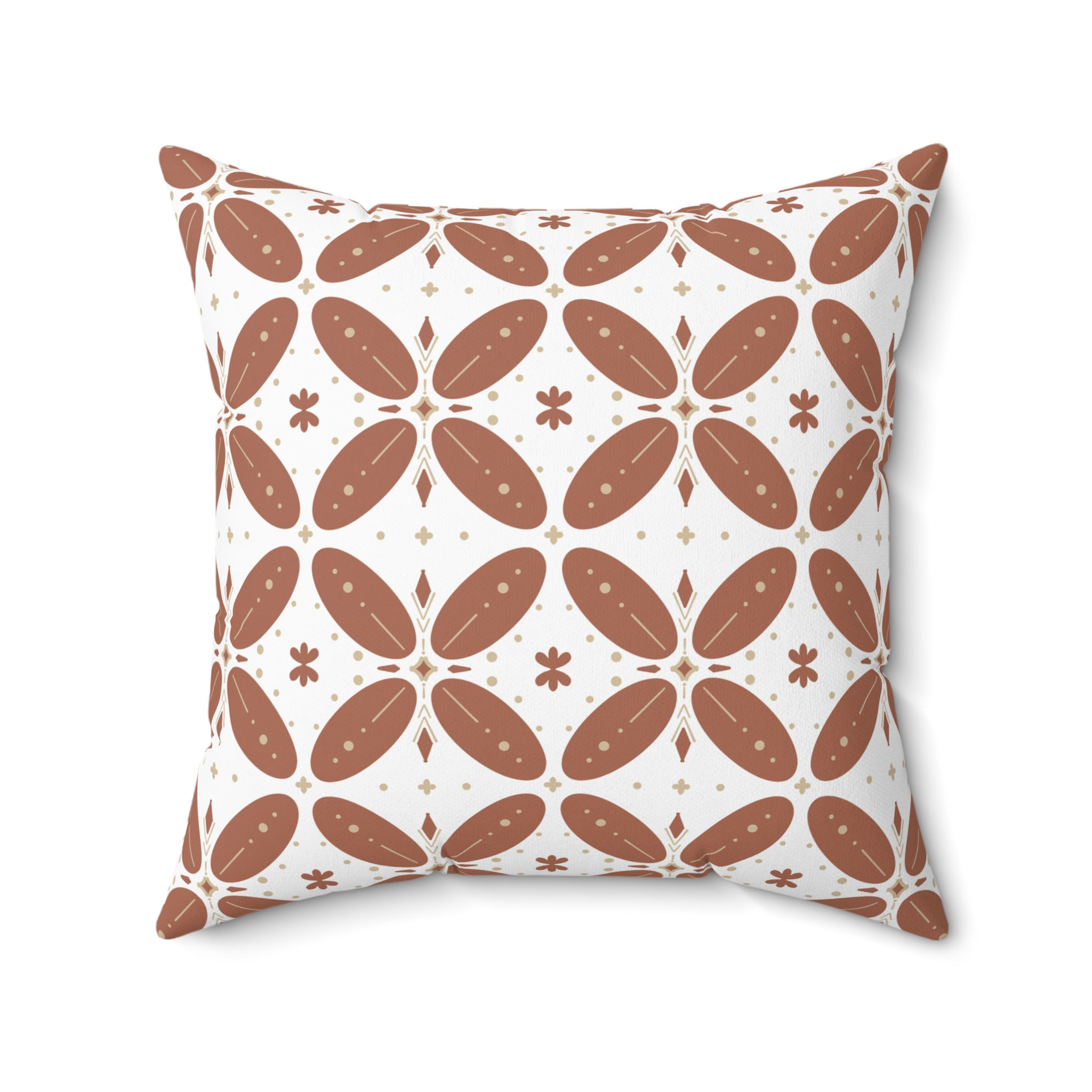 Decorative cushion with boho geometric tile pattern in clay brown and beige on white background