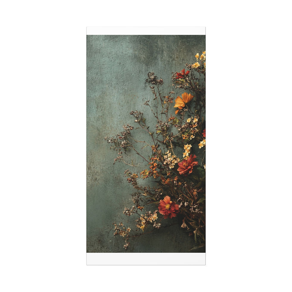 Vintage-inspired floral canvas wall art featuring rustic autumn wildflowers on a textured teal background