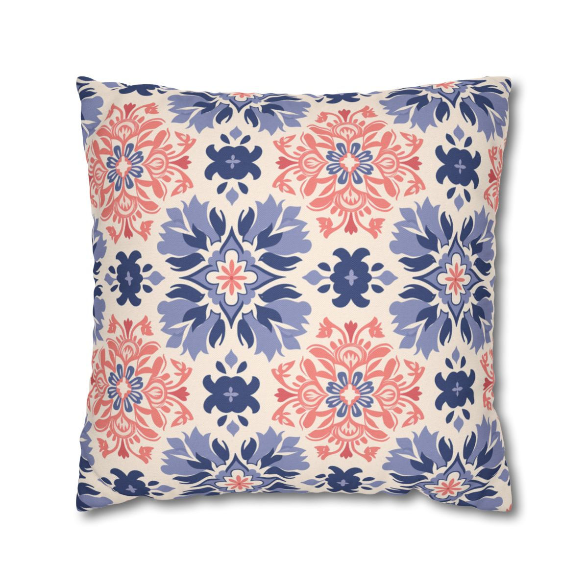 Square pillow with red and navy watercolor Ikat pattern on a white background.
