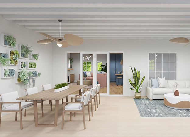 Photorealistic 4K interior design rendering of a bright open-concept dining and living room with long wood dining table, white chairs, and tropical plant styling — Pence Creative