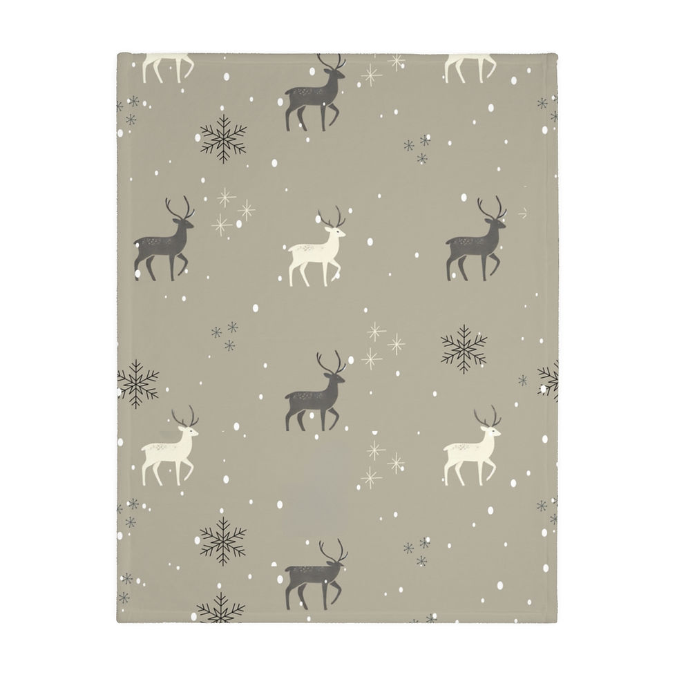 Velveteen microfiber blanket with reindeer and snowflake patterns on a grey background, perfect for holiday décor.
