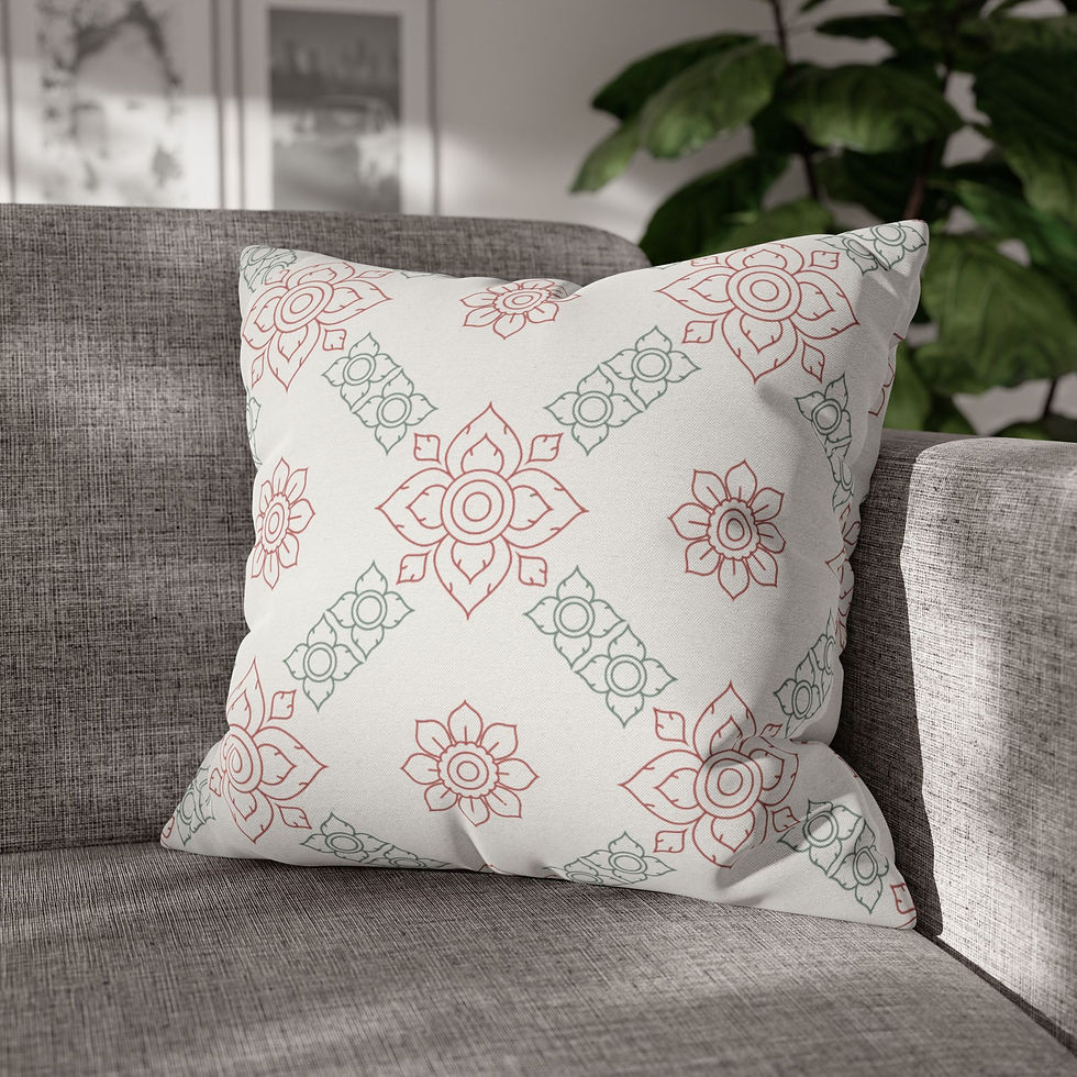 Thumbnail: Holiday-themed cushion cover with blush red and sage lotus floral patterns on a white background