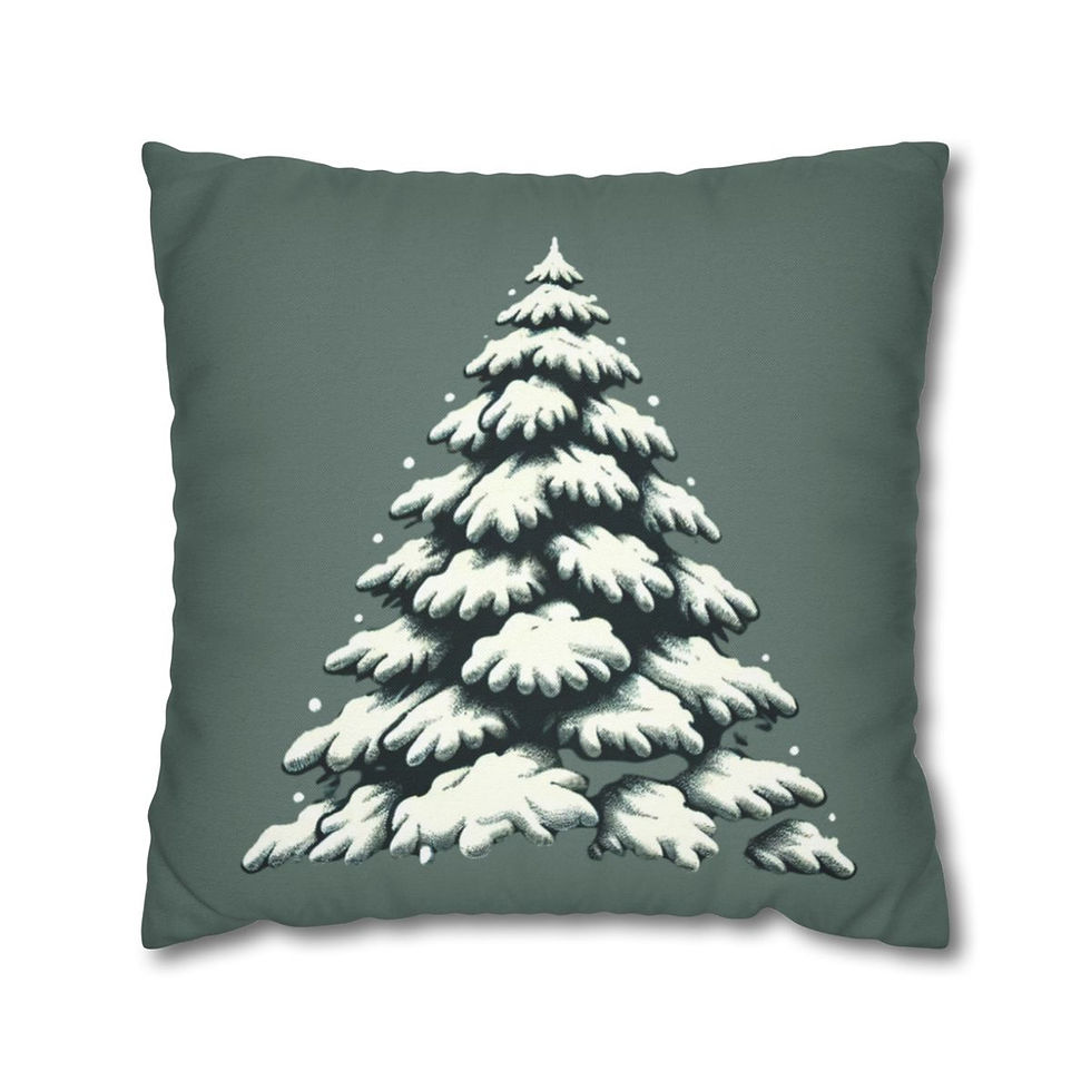 Decorative pillow cover featuring a snow-covered pine tree on a soft green background.