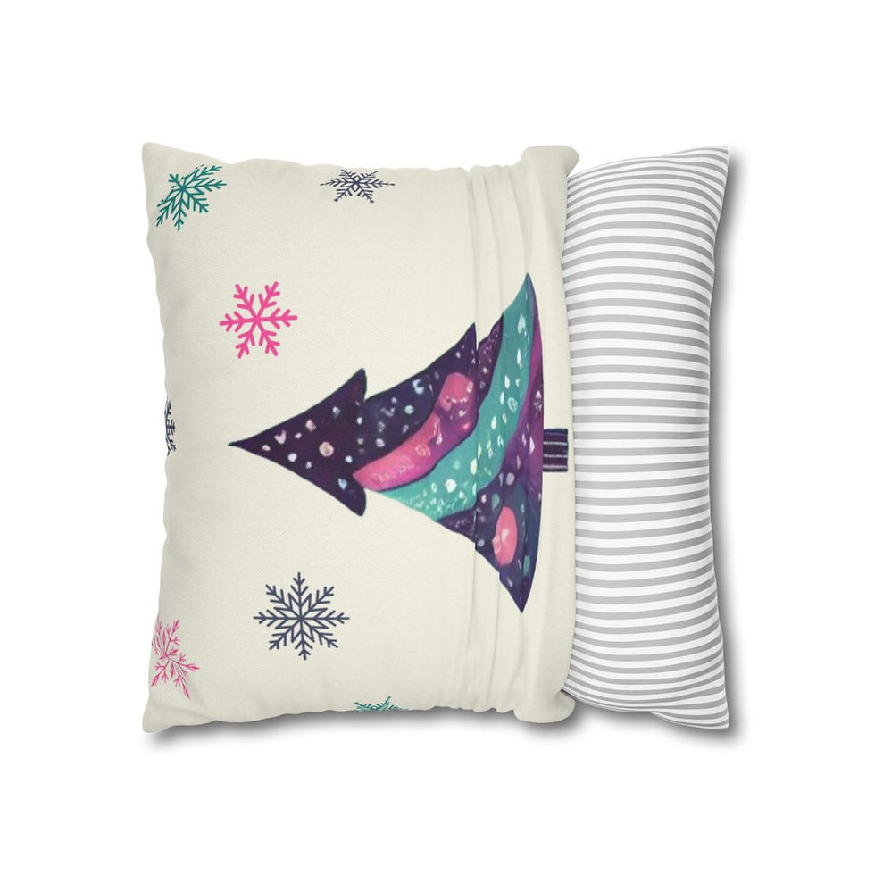 Whimsical Christmas tree pillow cover with colorful ornaments and snowflakes on a cream background.