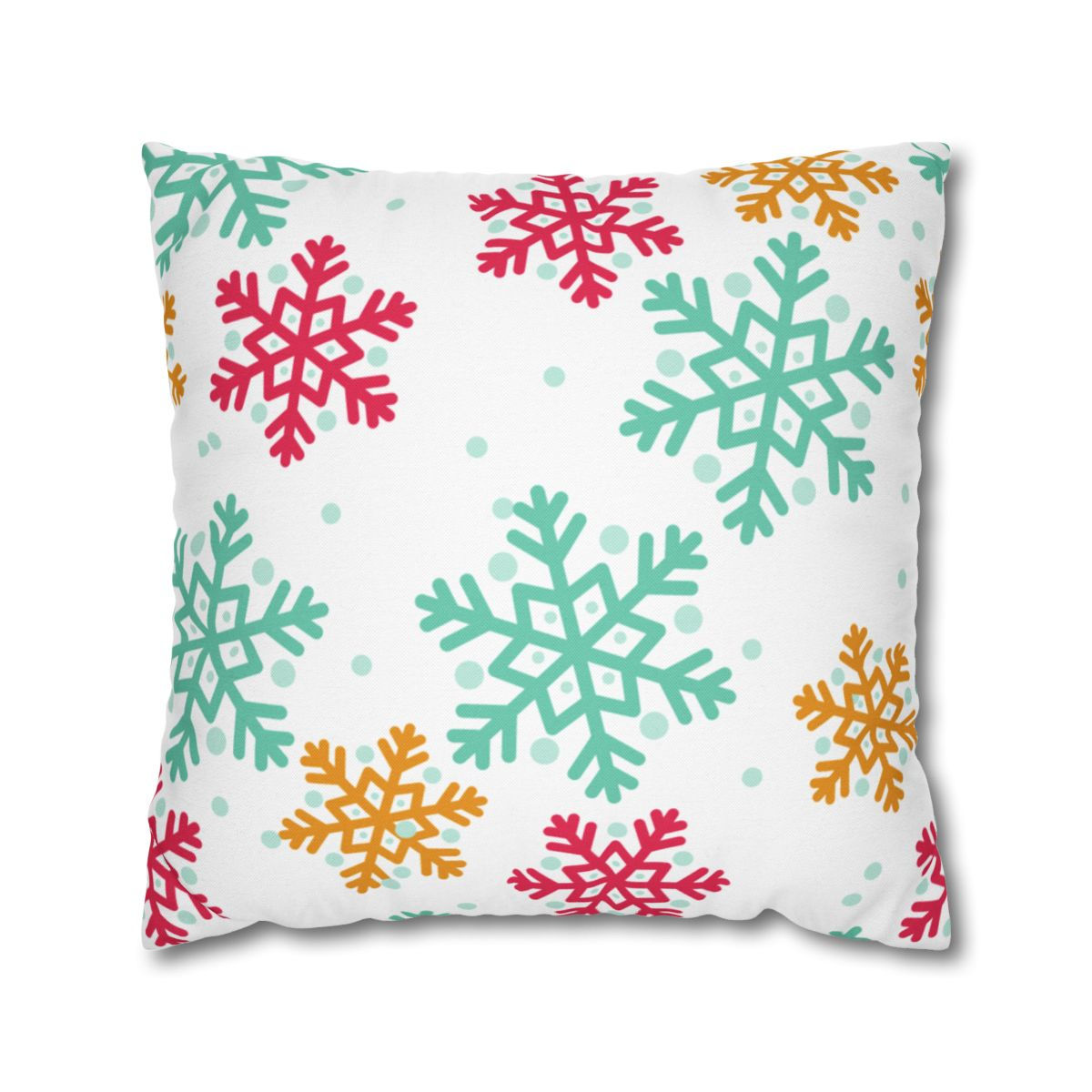 Pillow cover with colorful snowflakes in red, teal, and gold on a white background.
